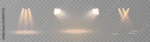 Set of realistic stage spotlight beams with glowing dust on transparent background. Great for concert, show, theater or event design overlays.