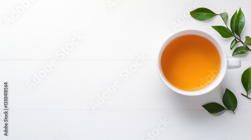 Wallpaper Mural A white cup of amber tea sits on a white wooden surface. Fresh green tea leaves are artfully arranged nearby. The image is clean and bright, with high-quality resolution and even lighting. Its minim Torontodigital.ca