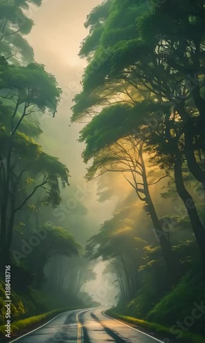 A serene and mystical scene unfolds as a long, meandering road gradually materializes from a veil of thick, eerie morning mist, its gentle curves snaking through a valley of towering