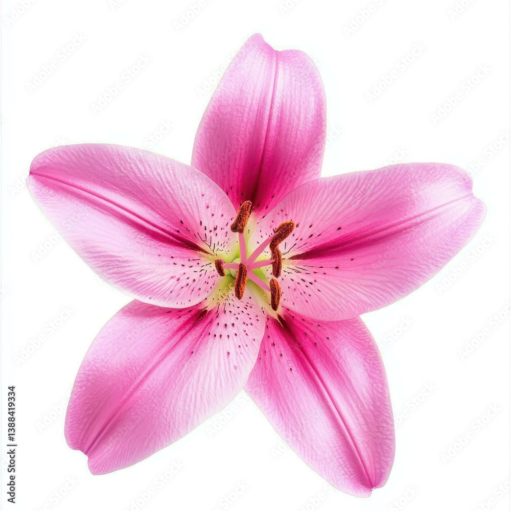 Fototapeta premium A stunning pink lily blooms gracefully against a crisp white backdrop, showcasing its delicate beauty and elegance.