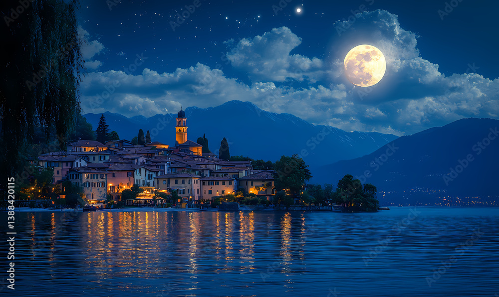 Naklejka premium Moonlit Village by the Lake: A picturesque village basks in the ethereal glow of a full moon, with a serene lake reflecting the twinkling stars and soft ambient light.