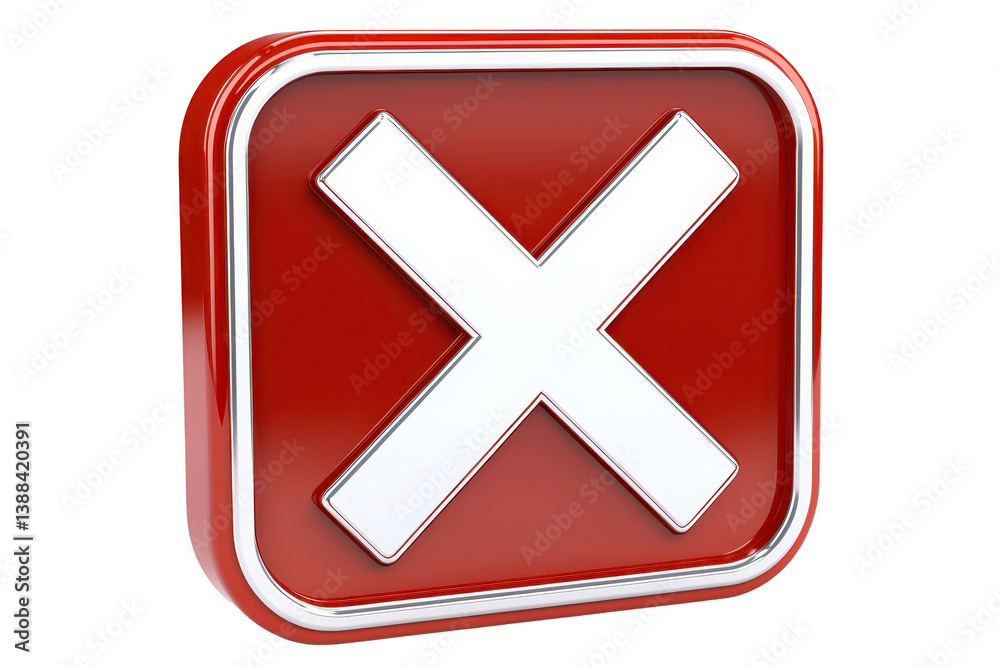 A red 3D square icon with white X symbol in center, representing cancel or close action. icon has glossy finish and metallic border, giving it modern and sleek appearance A red 3D square icon with white X symbol in center, representing cancel or close action. icon has glossy finish and metallic border, giving it modern and sleek appearance