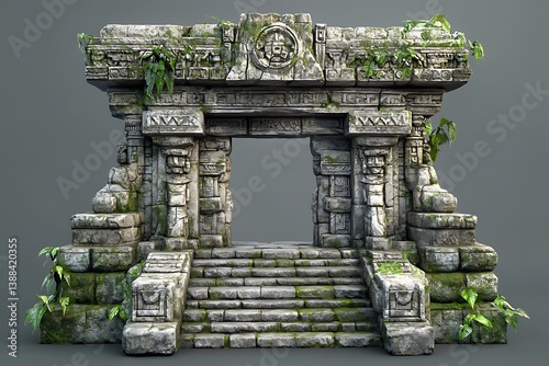 Ancient stone gateway overgrown with jungle foliage