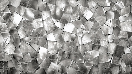 Intricate silver mosaic design showcasing reflective geometric patterns and textures from various angles in bright lighting