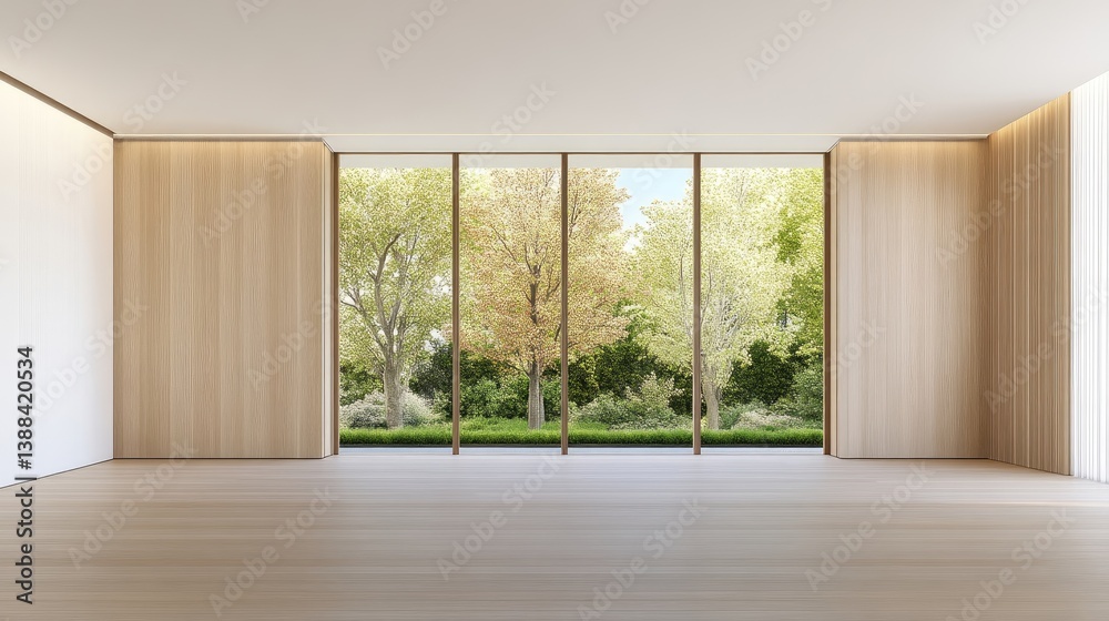 Fototapeta premium Empty modern room with large window overlooking trees