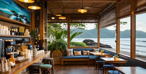 Nestled near the shoreline, a cozy, artistic coffee shop beckons with promises of warmth