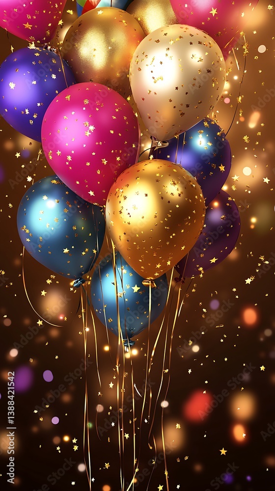 Colorful balloons with confetti on dark background Colorful balloons with confetti on dark background