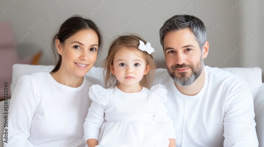 A happy family portrait shows a young girl in a white dress nestled between her parents. They are all smiling and dressed in white. The photos soft lighting enhances the warm mood. Its a high-qualit A happy family portrait shows a young girl in a white dress nestled between her parents. They are all smiling and dressed in white. The photos soft lighting enhances the warm mood. Its a high-qualit