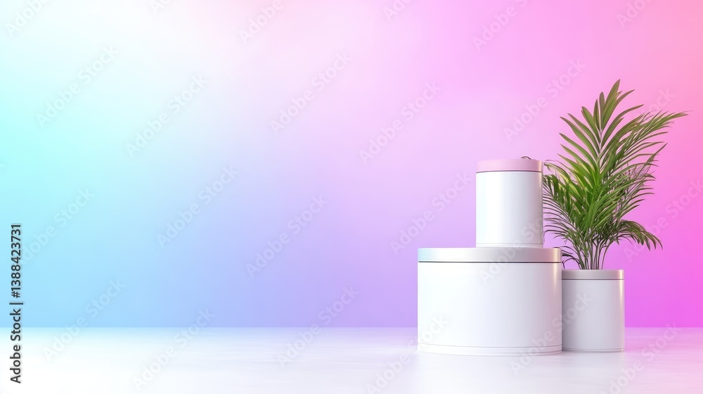 Three white cylindrical platforms, topped with a smaller pink cylinder, are arranged. A small potted plant sits beside them against a pastel pink and blue gradient background. The image is digitally Three white cylindrical platforms, topped with a smaller pink cylinder, are arranged. A small potted plant sits beside them against a pastel pink and blue gradient background. The image is digitally