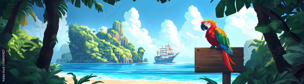 Obraz premium Tropical Paradise: A vibrant, exotic parrot perched on a wooden sign overlooking a stunning tropical beach, with a sailboat sailing in the distance under a bright sky and a beautiful paradise view.