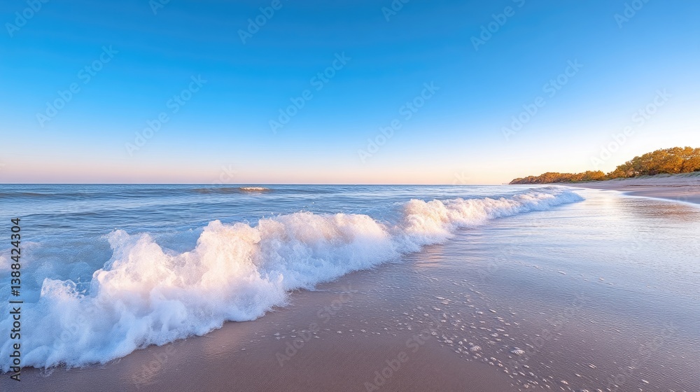 Fototapeta premium Tranquil beach sunrise. Soft waves gently caress the shore at dawn