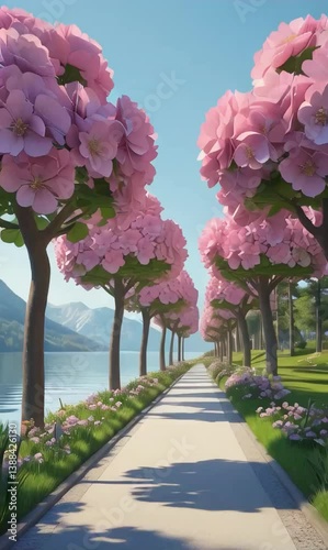 a beautiful lakeside walkway lined with trees that have lush flowers resembling hydrangeas or large cherry blossoms