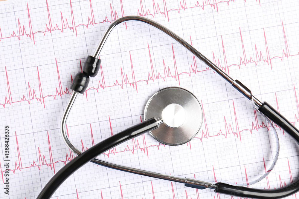 Cardiology. Stethoscope on paper with cardiogram, top view