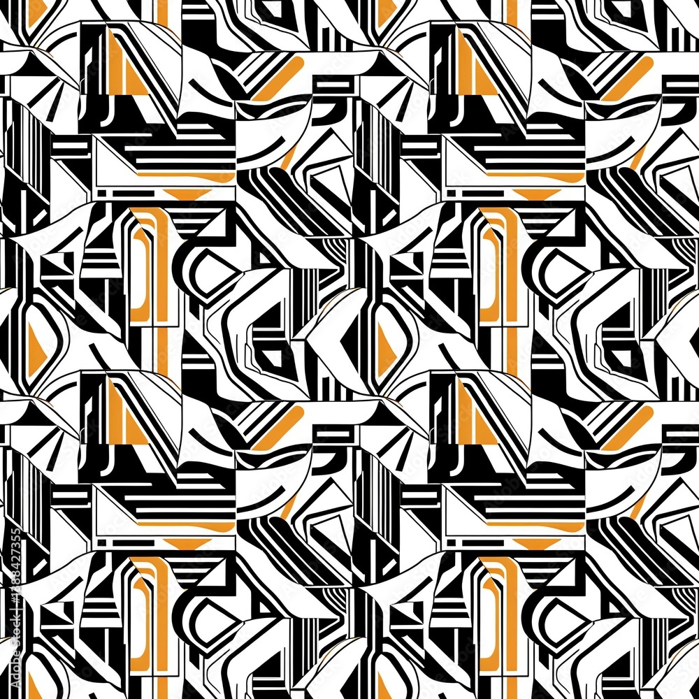 Obraz premium A black and white and orange geometric pattern.