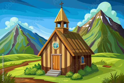vector of Small wooden church with thatched roof and green grass, Iceland