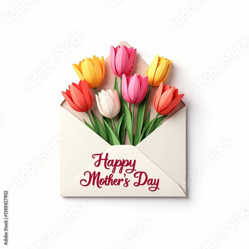 Vector illustration. Happy Mothers Day gift, envelope with flowers. Paper cut style blooming tulips, top view. Festive greeting concept. vector Design isolated on  white background.
