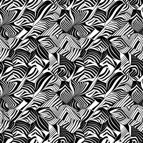 a black and white pattern of leaves