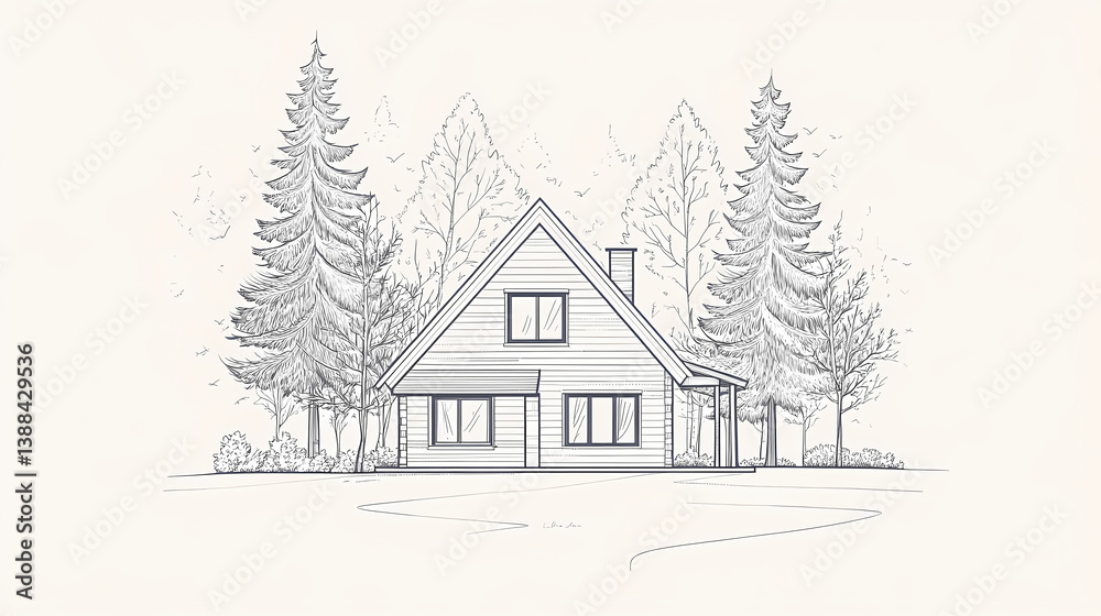 Fototapeta premium Cozy Cabin in the Woods: A charming cabin nestled amongst tall trees, rendered in detailed grayscale, offers a glimpse of serene countryside living, perfect for those seeking a peaceful retreat.
