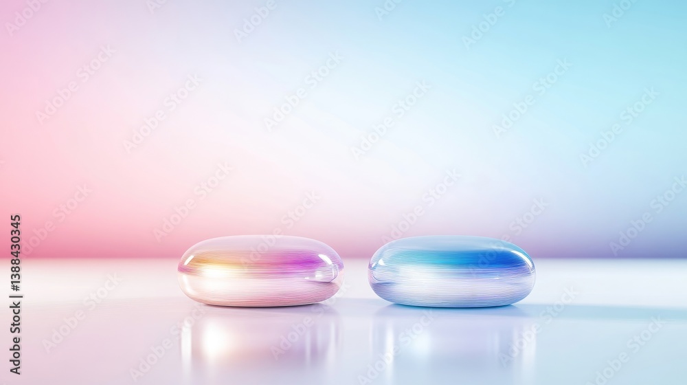 Two futuristic capsules with iridescent finish placed on a reflective surface, soft gradient background of pink and blue, and modern technology concept.