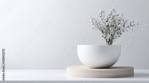 A white bowl holds dried flowers, sitting on a light wood platform against a white background. The image is clean and minimalist, with soft lighting. Its high-resolution and features muted tones, cr