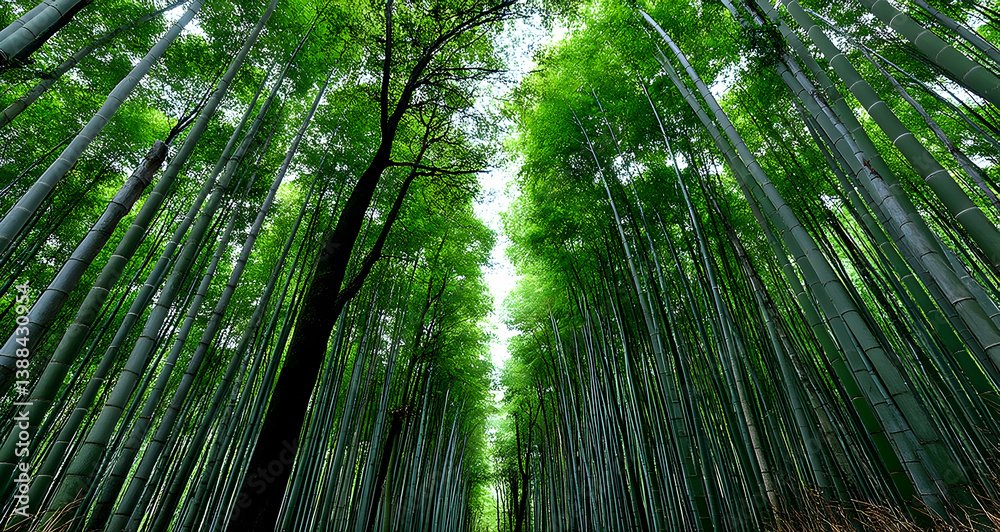 Peaceful bamboo forest with towering green stalks creating a serene and enchanting atmosphere Peaceful bamboo forest with towering green stalks creating a serene and enchanting atmosphere