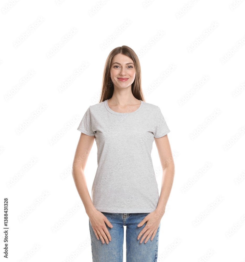 Obraz premium Woman wearing blank t-shirt on white background. Mockup for design
