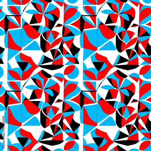 A blue and red geometric pattern on a white background.