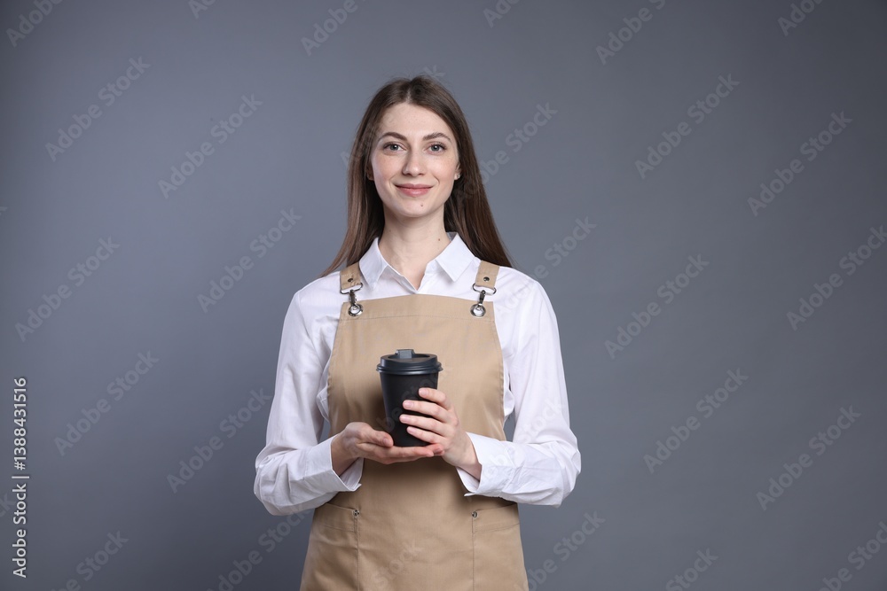 Portrait of barista with paper takeaway cup of hot drink on grey background Portrait of barista with paper takeaway cup of hot drink on grey background