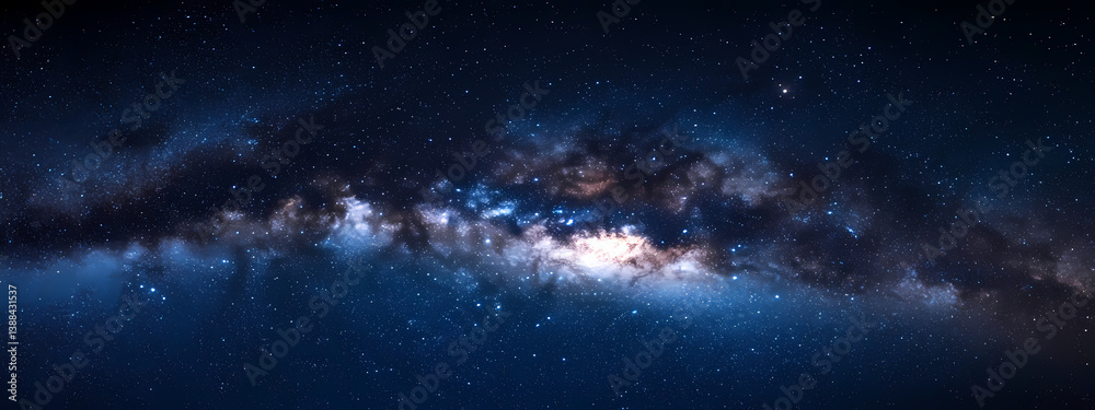 Fototapeta premium Galactic River: A breathtaking, high-definition panorama of the Milky Way galaxy unfurls, displaying a vibrant cosmic river of stars and nebulae in a dark, captivating expanse.