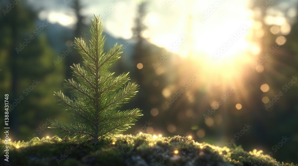 Young pine tree seedling in a forest at sunrise Young pine tree seedling in a forest at sunrise