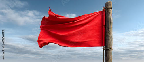 Rectangular red flag waving proudly on a wooden medieval pole