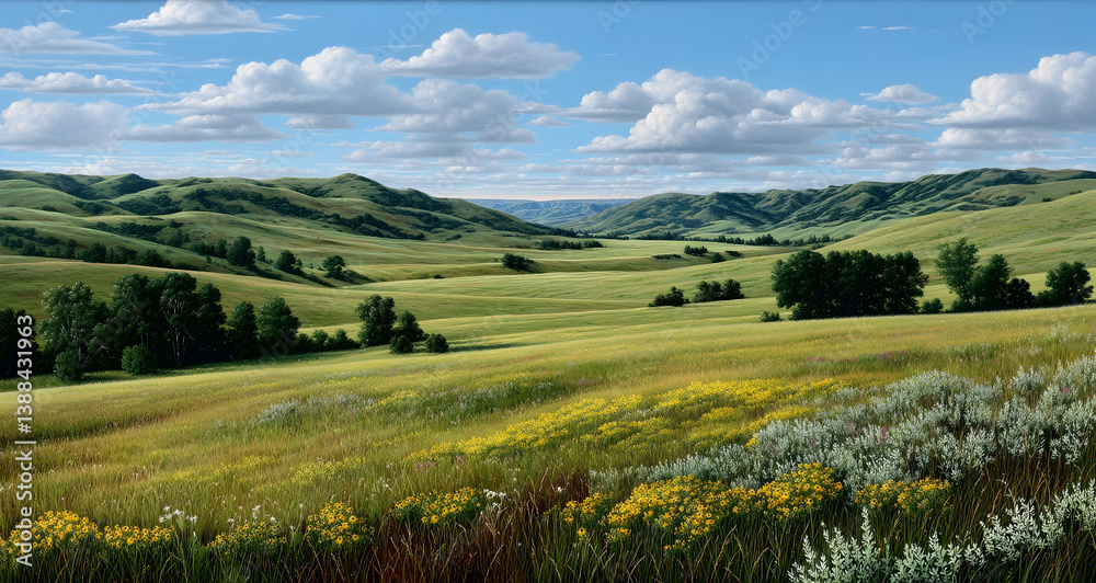 Rolling hills of a prairie adorned with wildflowers and diverse wildlife in perfect harmony Rolling hills of a prairie adorned with wildflowers and diverse wildlife in perfect harmony
