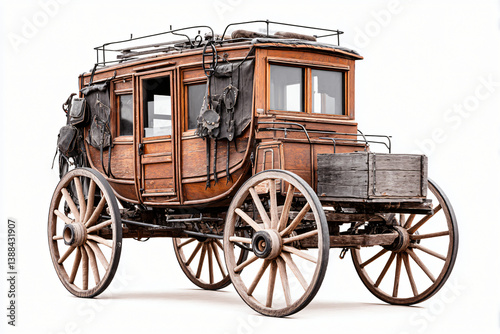 stagecoach with leather suspension system and wooden wheels in profile view, isolated on white