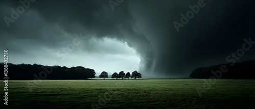 Tornado’s raw power contrasting with a tranquil landscape