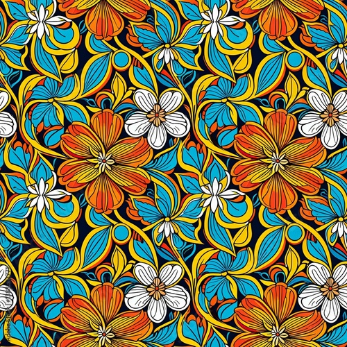 A colorful floral pattern on a black background.
