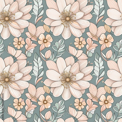 A floral pattern with pink flowers and green leaves.