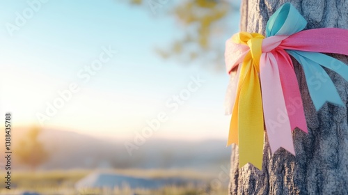 Colorful ribbons tied around a tree trunk.  Sunrise background