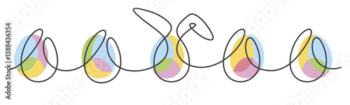 Happy Easter background. Easter continuous handwritten line design with pastel colors Easter rabbit bunny and eggs on white background