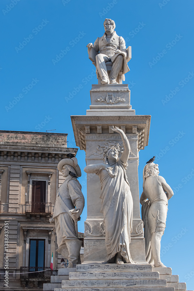 The Monument to Vincenzo Bellini, a composer born in Catania in Sicily, stands in his hometown on Piazza Stesicoro. CATANIA, Sicily, ITALY.