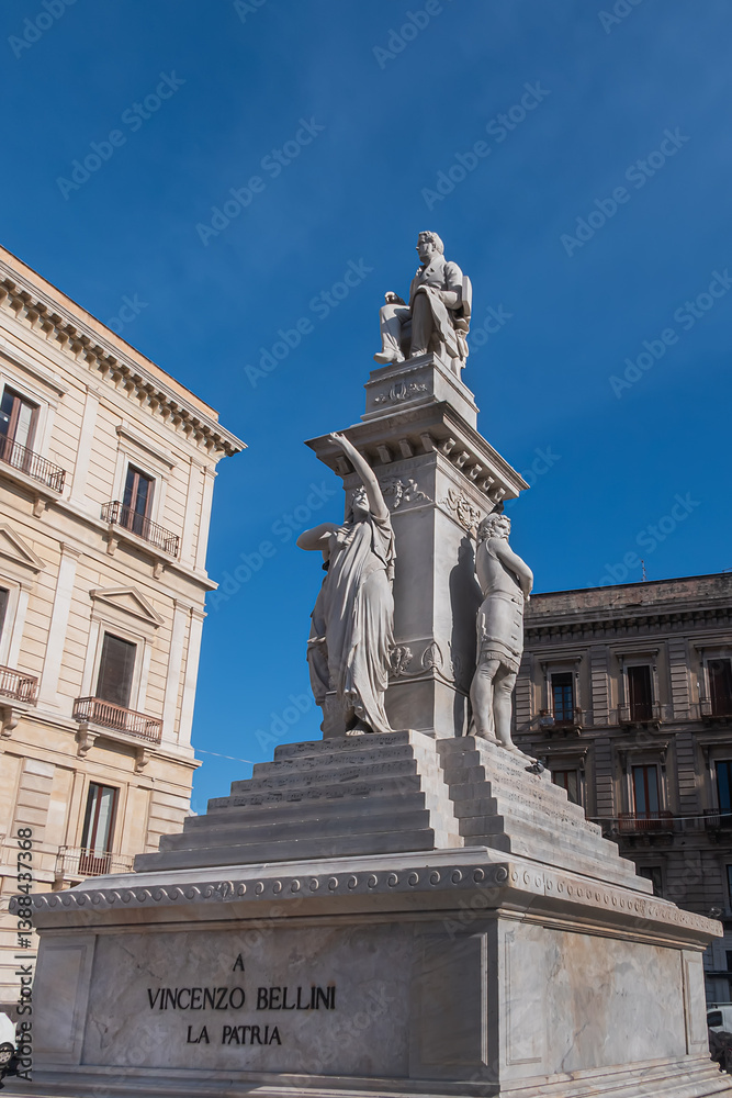 The Monument to Vincenzo Bellini, a composer born in Catania in Sicily, stands in his hometown on Piazza Stesicoro. CATANIA, Sicily, ITALY.