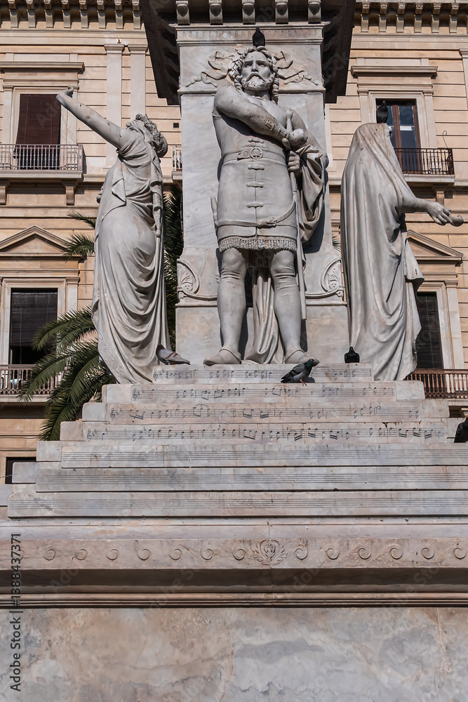 The Monument to Vincenzo Bellini, a composer born in Catania in Sicily, stands in his hometown on Piazza Stesicoro. CATANIA, Sicily, ITALY.