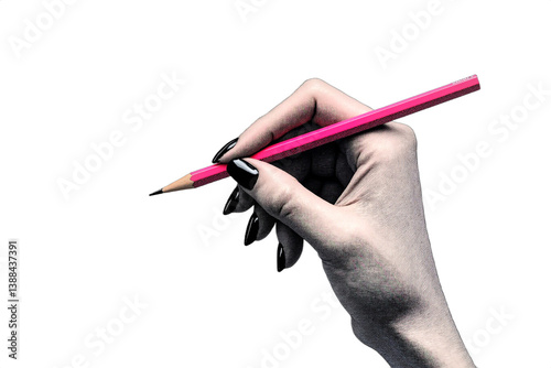 Abstract hand holding pencil Isolated on transparent background. Graphic design element, education, writing, art, creativity concepts. Halftone, minimal, cutout style asset.