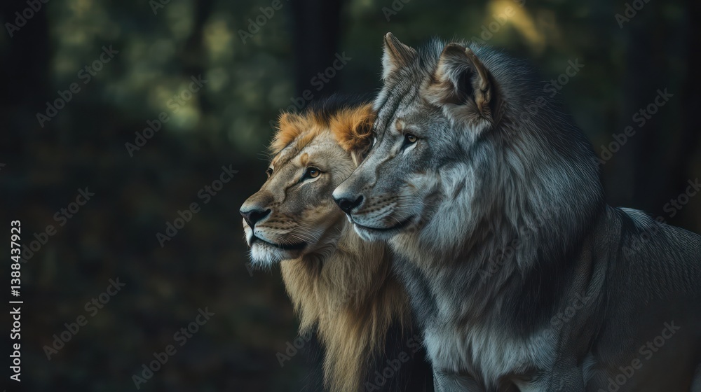 Fototapeta premium Two Lions in Forest Landscape