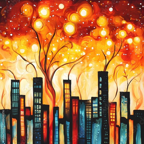 Abstract Cityscape Painting: Illuminated Urban Tree at Night