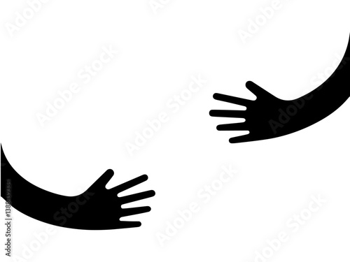 Two black silhouette hands reaching toward each other, emotional, physical benefits of hugs, safety, support, stress relief, love, immunity boost, psychological comfort from close human touch.