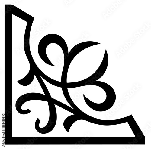 Black Decorative Pattern in the Corner with Swirls and Interwoven Lines, Framed in a Triangular Design – Concept of Ornamentation for Decorative Corners or Frames.

