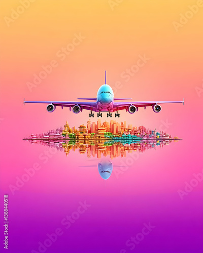 Airplane descending over colorful city reflection