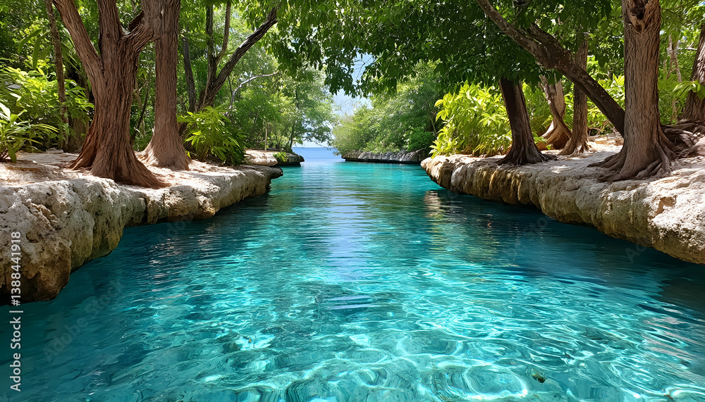 Naklejka premium Serene turquoise canal winds through lush tropical foliage, leading to a tranquil ocean view