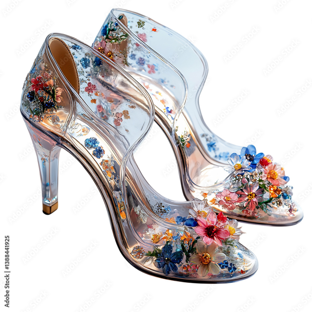 Obraz premium Transparent PVC Heels with Embedded Flowers Isolated on Transparent Background