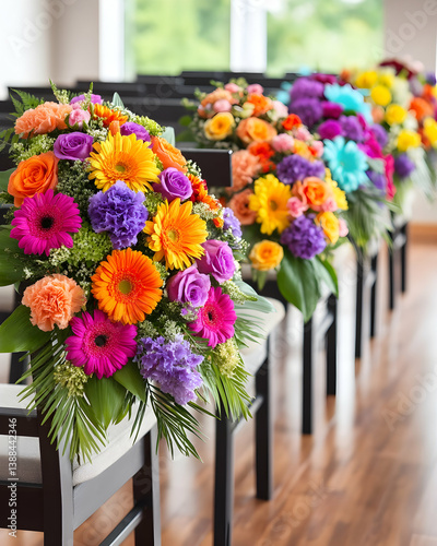 Vibrant floral arrangements adorn church pews